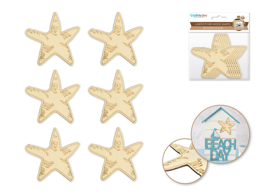 Wood Craft: Laser-Etched Wood Shapes x6 C) Starfish