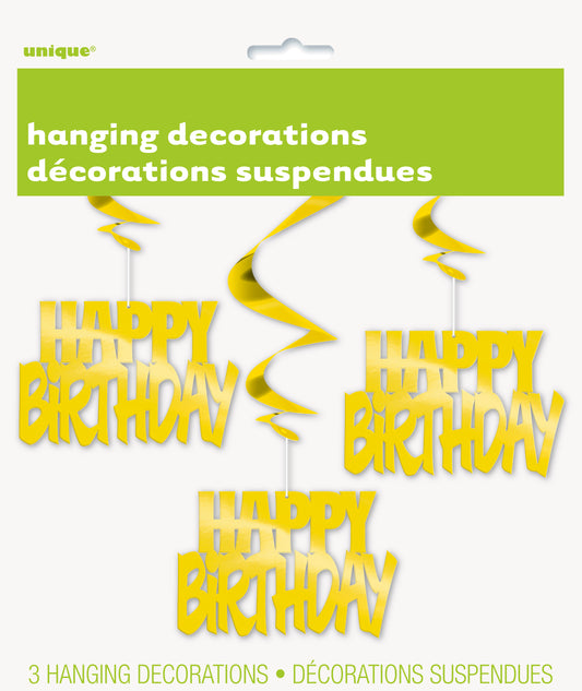 Happy Birthday Gold Foil Hanging Swirl Decorations – 32" Party Decor, 3 Ct