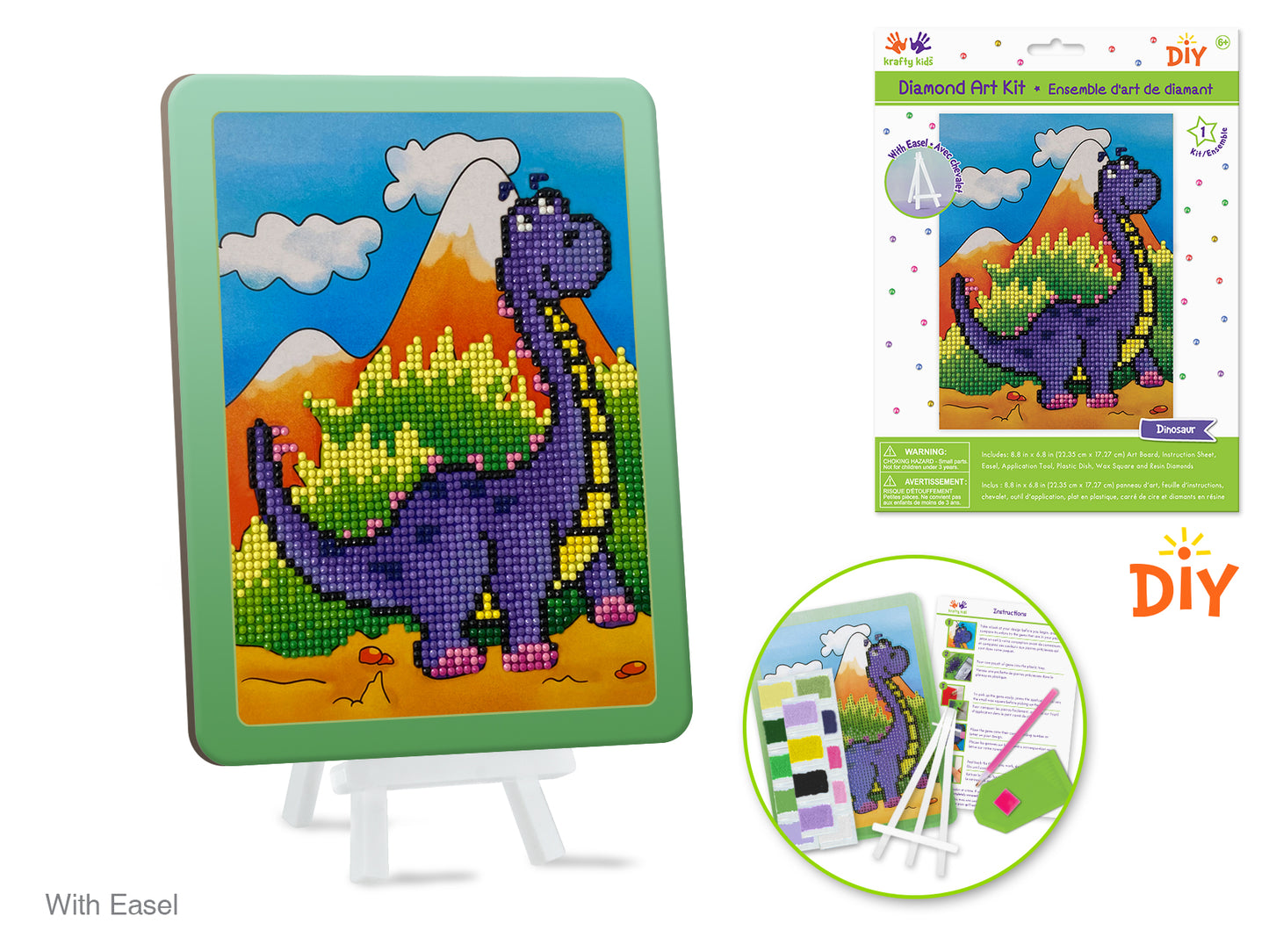 Krafty Kids Kit: 8.8"x6.8" DIY Diamond Painting Kit w/Easel B) Dinosaur
