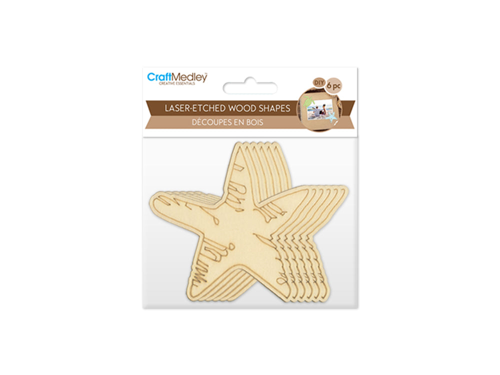 Wood Craft: Laser-Etched Wood Shapes x6 C) Starfish