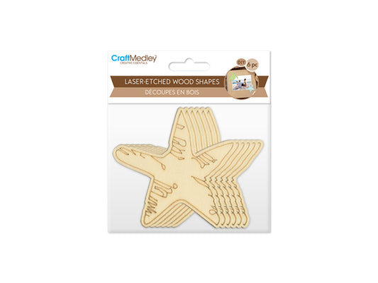 Wood Craft: Laser-Etched Wood Shapes x6 C) Starfish