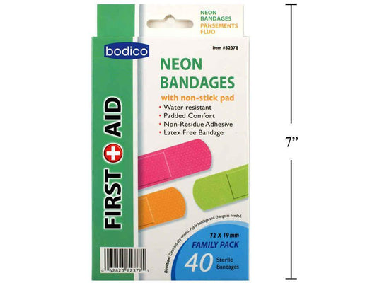 Bodico 40-pc Neon Colors Bandages, 3 col mixed,color box(HZ)