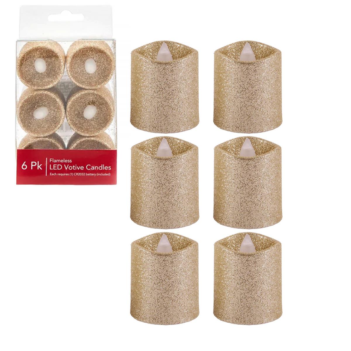 Deco L. 6PK LED Glitter Votives, Gold, Batteries included (CR2032), pvc box