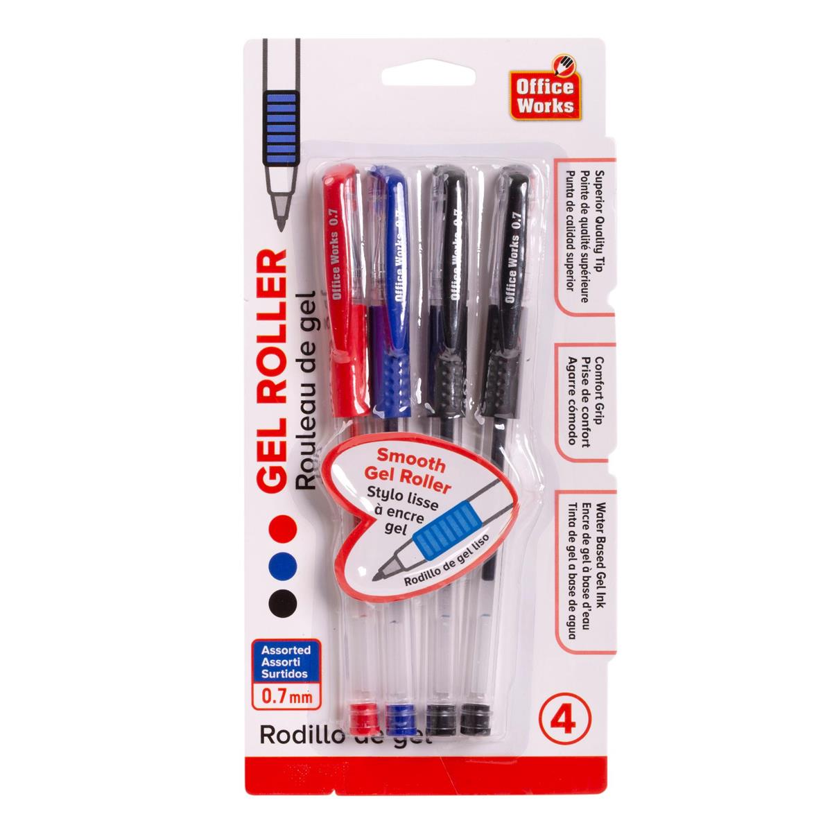 O.WKs. 4-pc. 0.7mm Gel Roller Ball Pen, Blue, Black & Red