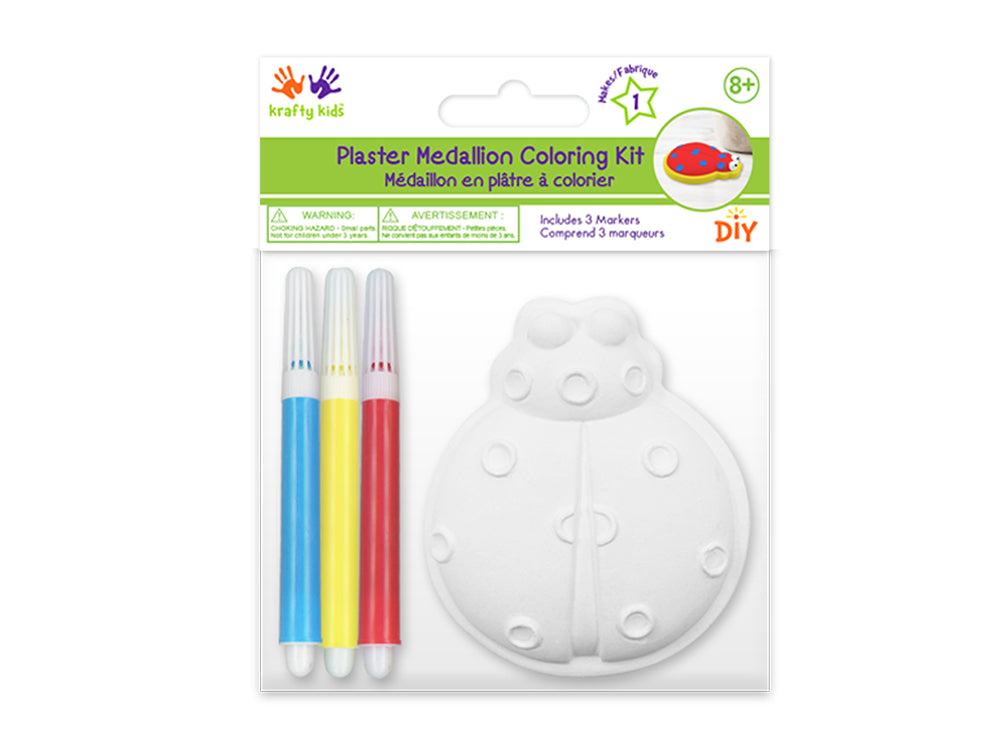 Krafty Kids Kit: 2.75" DIY Plaster Medallion Coloring Kit w/3 Markers A) Ladybug