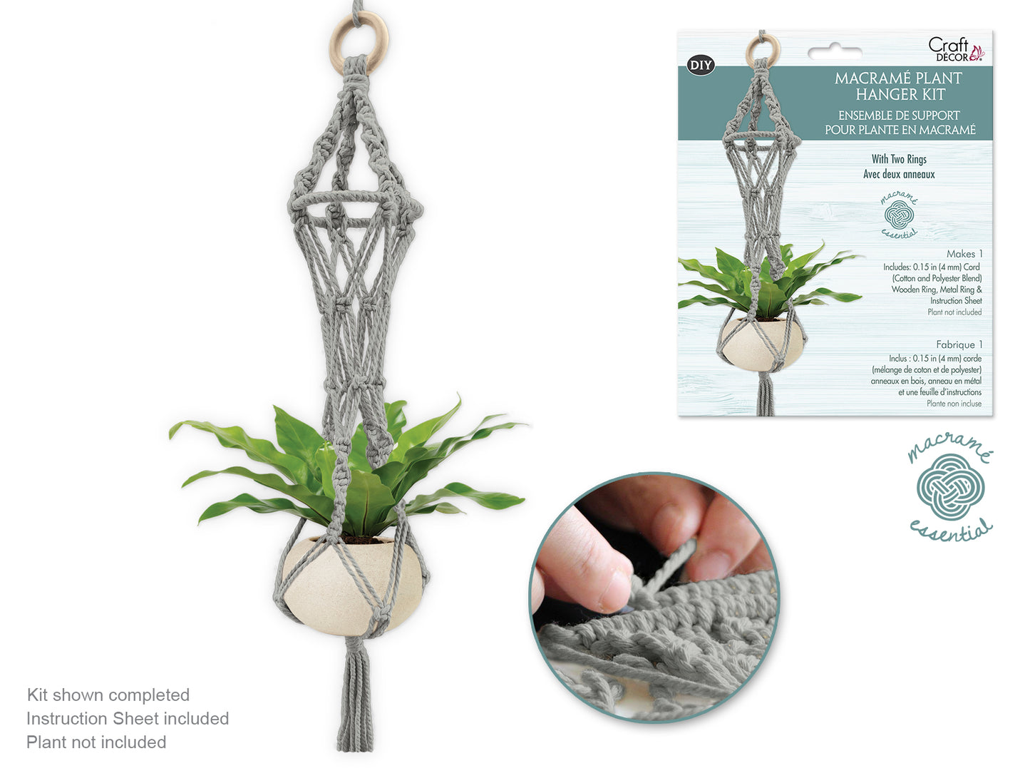 Craft Decor: DIY Macramé Planter Hanger Kit w/Wood Ring C) Grey