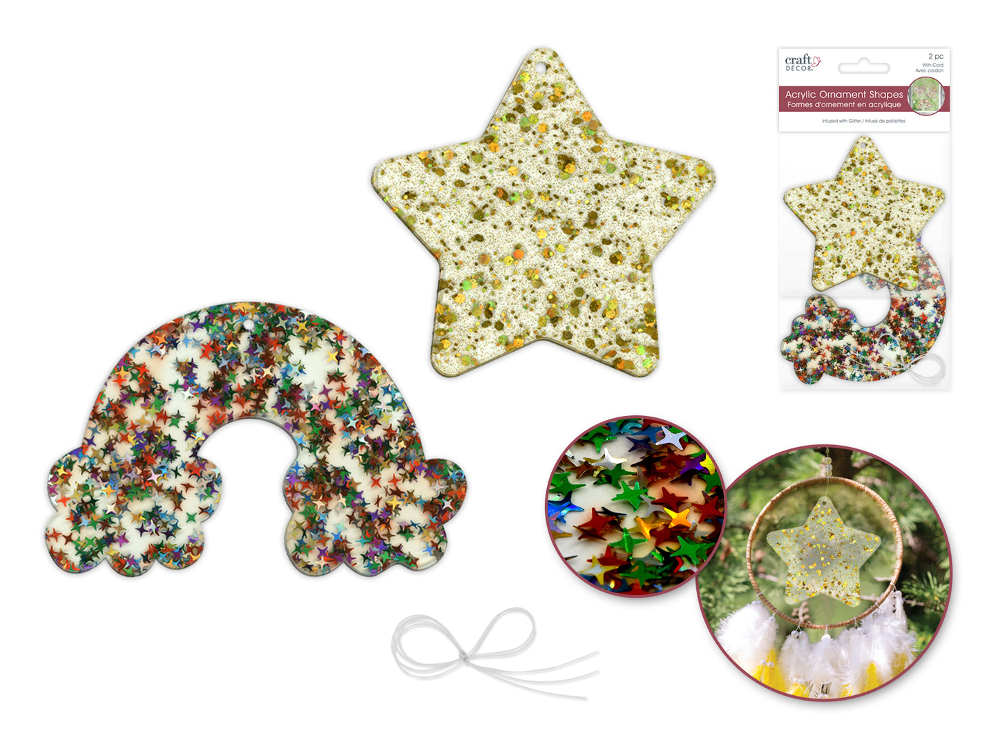 Craft Decor: 8cm-10cm Glitter Infused Acrylic Ornament 2pc Asst C) Celestial
