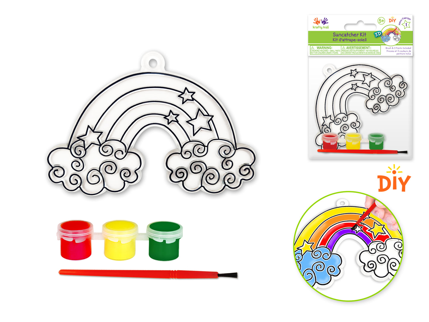 Krafty Kids Kit: 3D DIY 3.5"-4.3" Suncatcher w/3 Paints&Applicator J) Rainbow