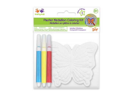 Krafty Kids Kit: 2.75" DIY Plaster Medallion Coloring Kit w/3 Markers D) Butterfly