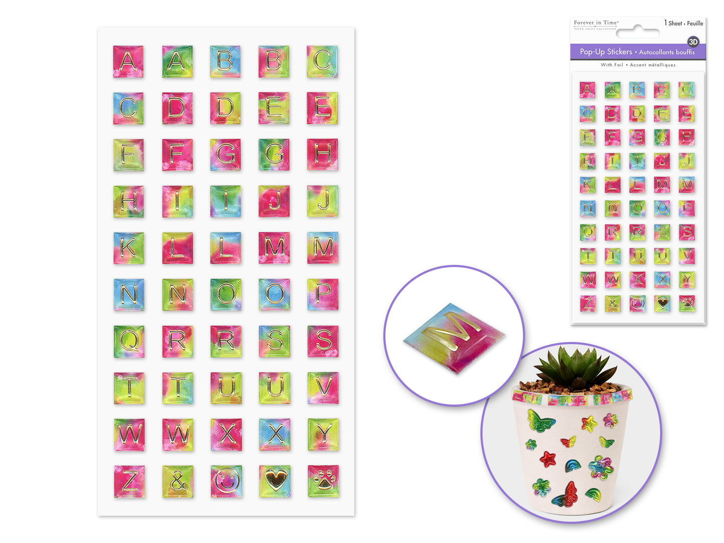 Paper Craft Sticker: 3.7"x6.9" 3D Pop-Up Foil Rainbow Effects F) Letters