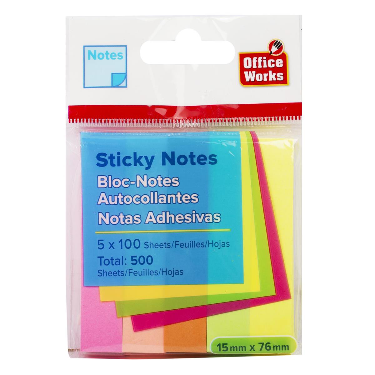 O.WKs.100-sheet Sticky Notes,  5-pack 76x15mm,  Neon Col., pbh