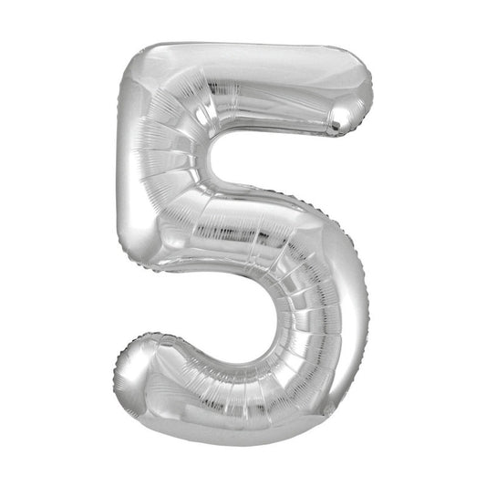 Silver Number 5 Shaped Foil Balloon 34"  Packaged