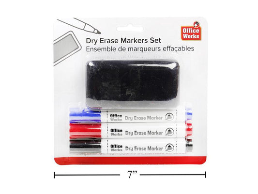 O.WKs. 4 pcs Dry Erase Marker set 3 colours, Red/Blue/Blk