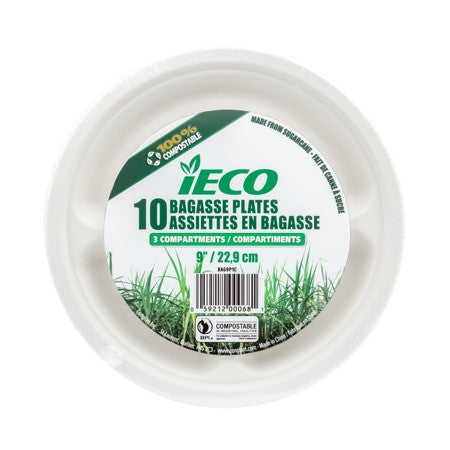 iECO 9" BAGASSE PLATE 3 COMPARTMENTS 10/PK  X 24/CS