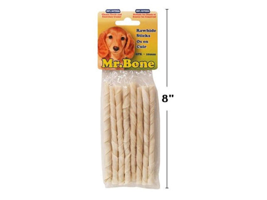 Mr. Bone 8-pc 10mm White, Rawhide  Twist Sticks (M01536)