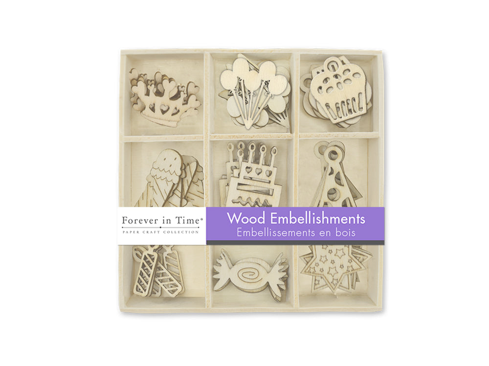 Paper Craft Emb: 45pc Mini Wood Emb in 9-Comp Box E) Birthday