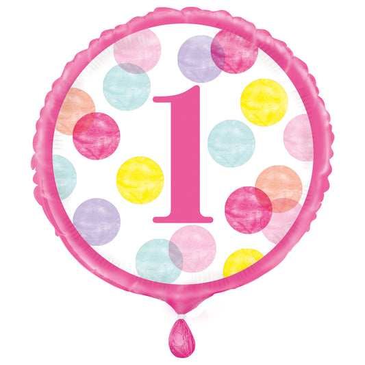 Helium Filled :Pink Dots 1st Birthday - Round Foil Balloon 18"