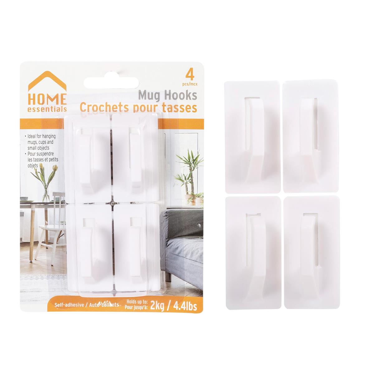 H.E.  4-pc Plastic Mug Hooks,  Self-adhesive, b/c,2.5cm x 5cm