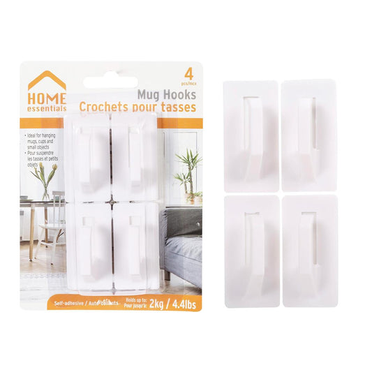 H.E.  4-pc Plastic Mug Hooks,  Self-adhesive, b/c,2.5cm x 5cm