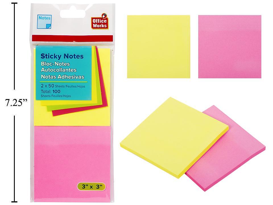 O.WKs.  50-sheet Sticky Notes,  2-pack 75x75mm, Neon Col., pbh