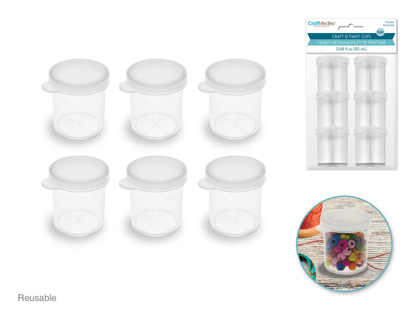 Craft/Bead Storage: 20ml (0.68 fl oz) Craft Storage Cups w/Lids x6
