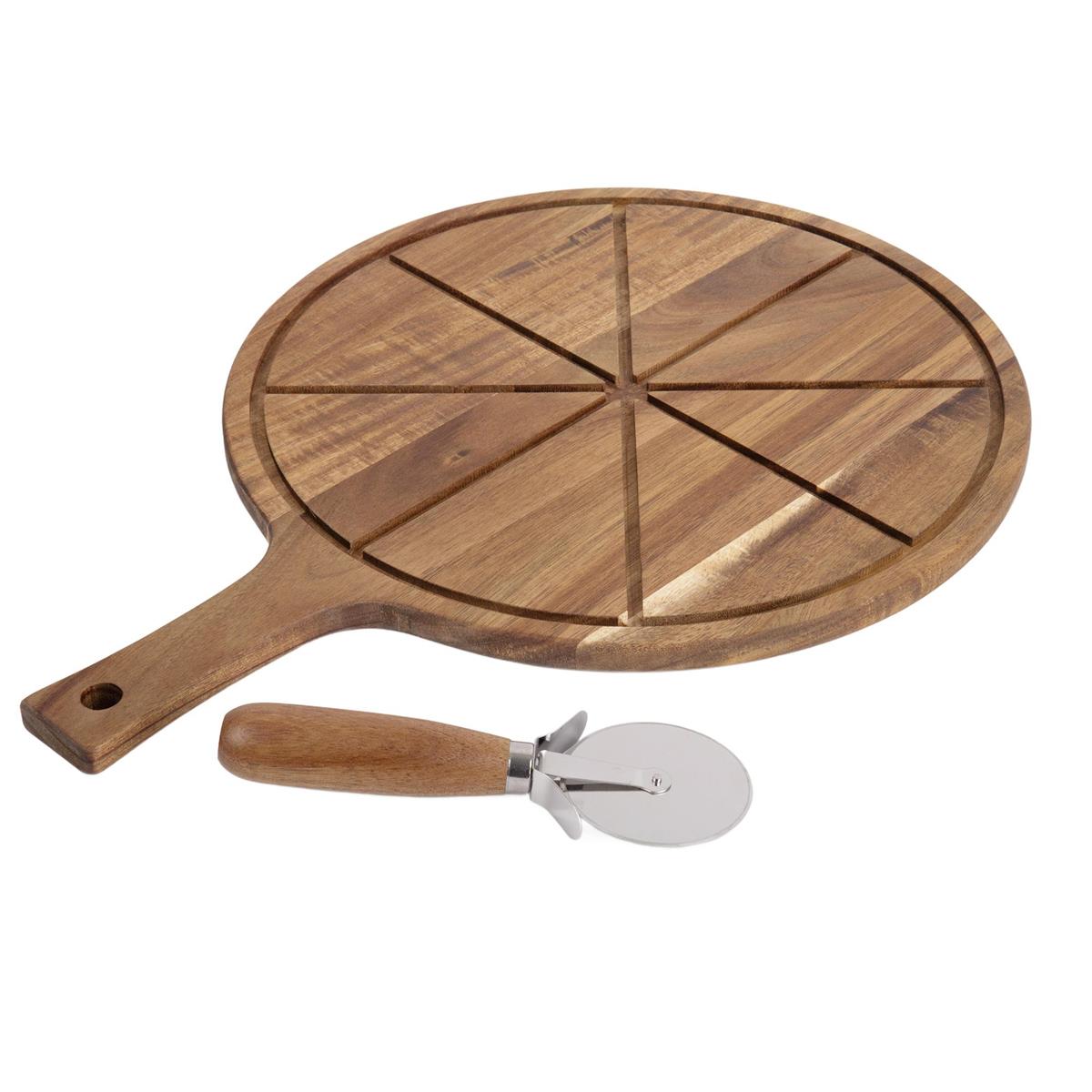 L.Gourmet Acacia Wood Pizza Cutting Board w/ SS Slicer, sleeve