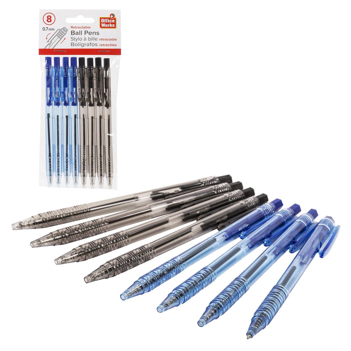 O.WKs. Retractable Ball Pen, 8-pc.,Blue & Black, pbh