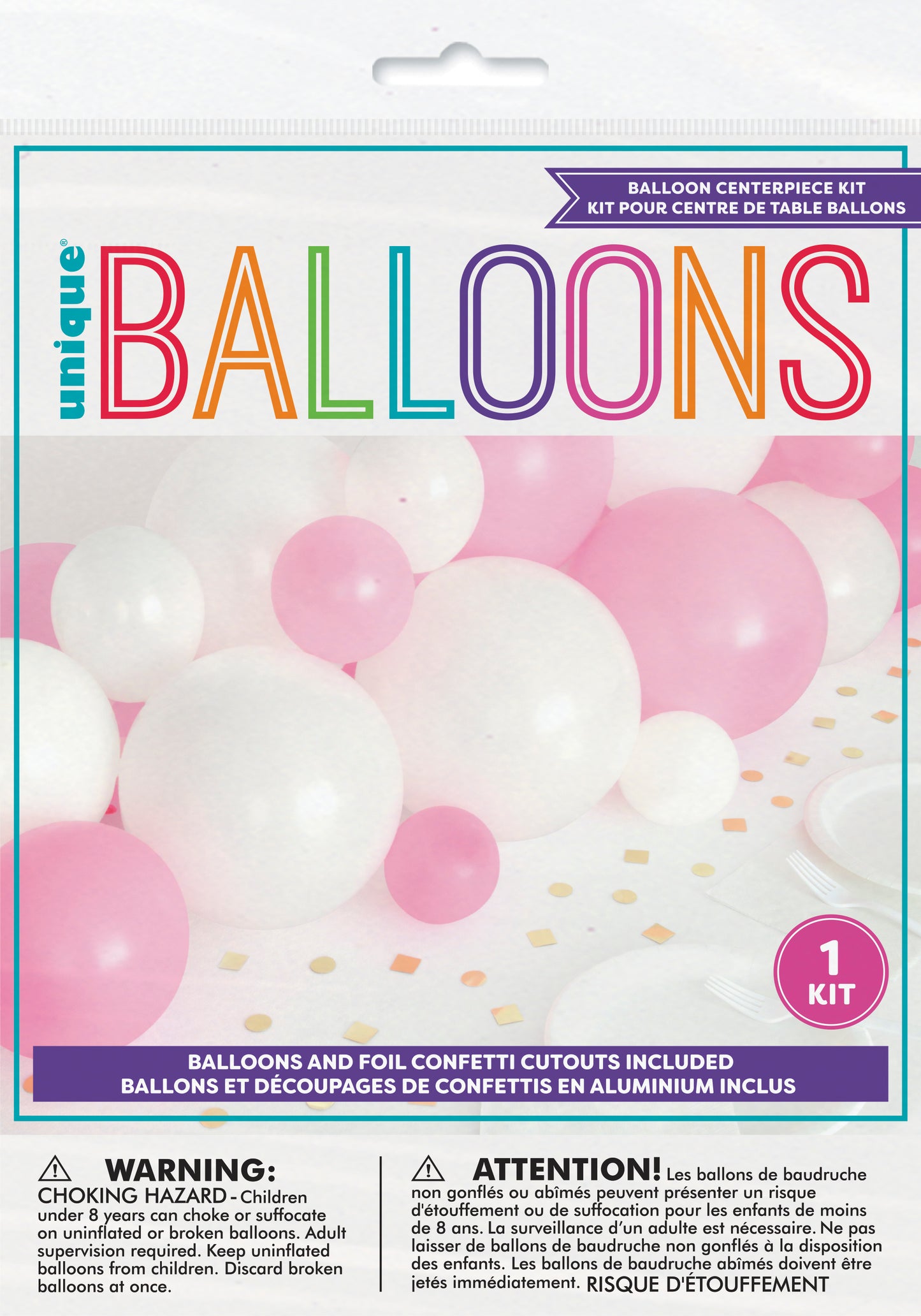 Balloon Garland -Table Runner with Foil Confetti Cutouts , Pink White & Gold, 20 balloons