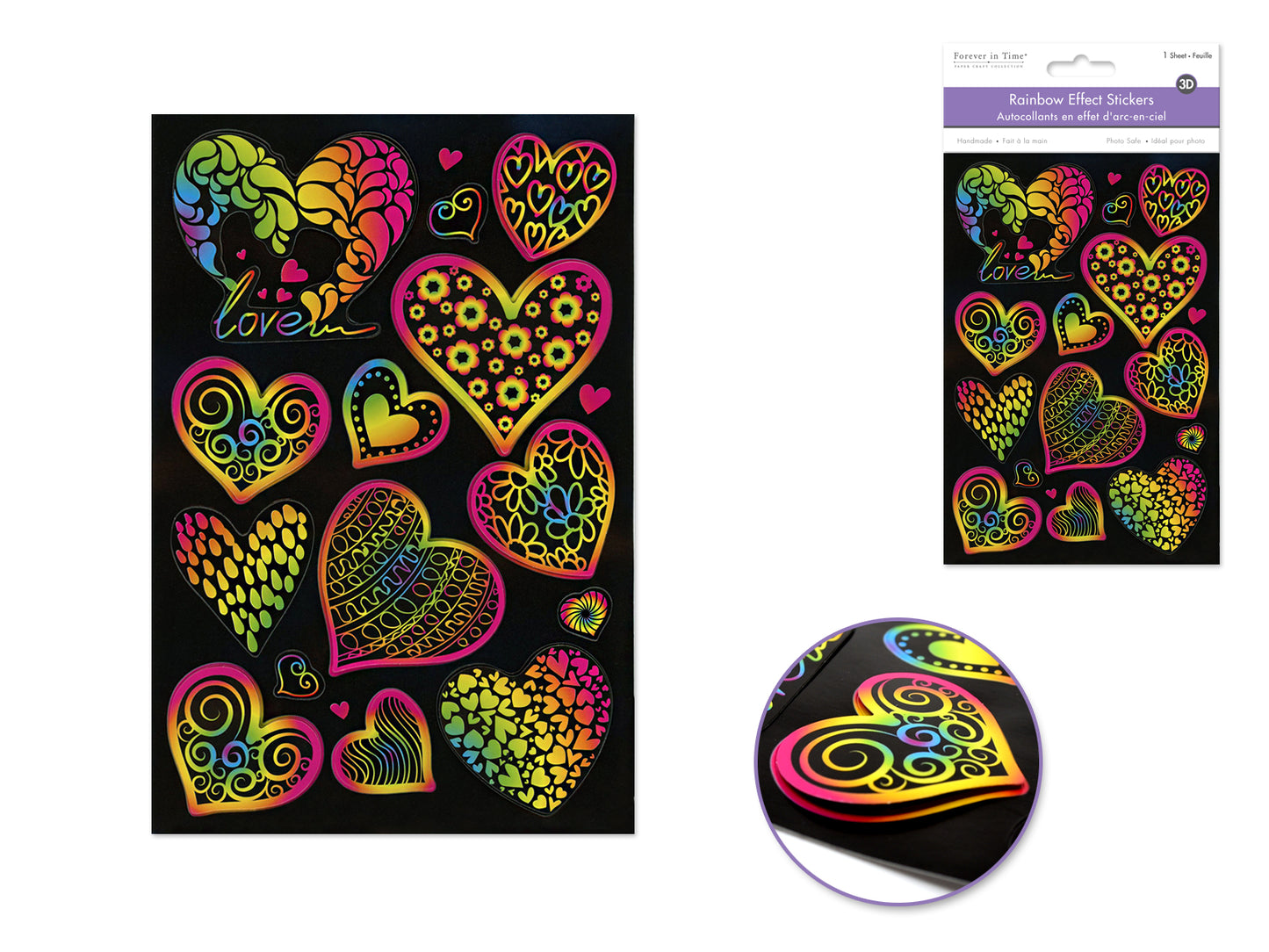 Handmade Sticker: 4.9"x7.3" 3D Rainbow Effect B) Love Hearts