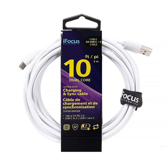 iFocus, 10 ft. USB-C data cable Syn Cbl,Wht,w/ strap
