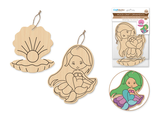 Wood Craft: Wood Ornaments x2 Asst Printed w/Jute Cord Hanger A) Mermaid