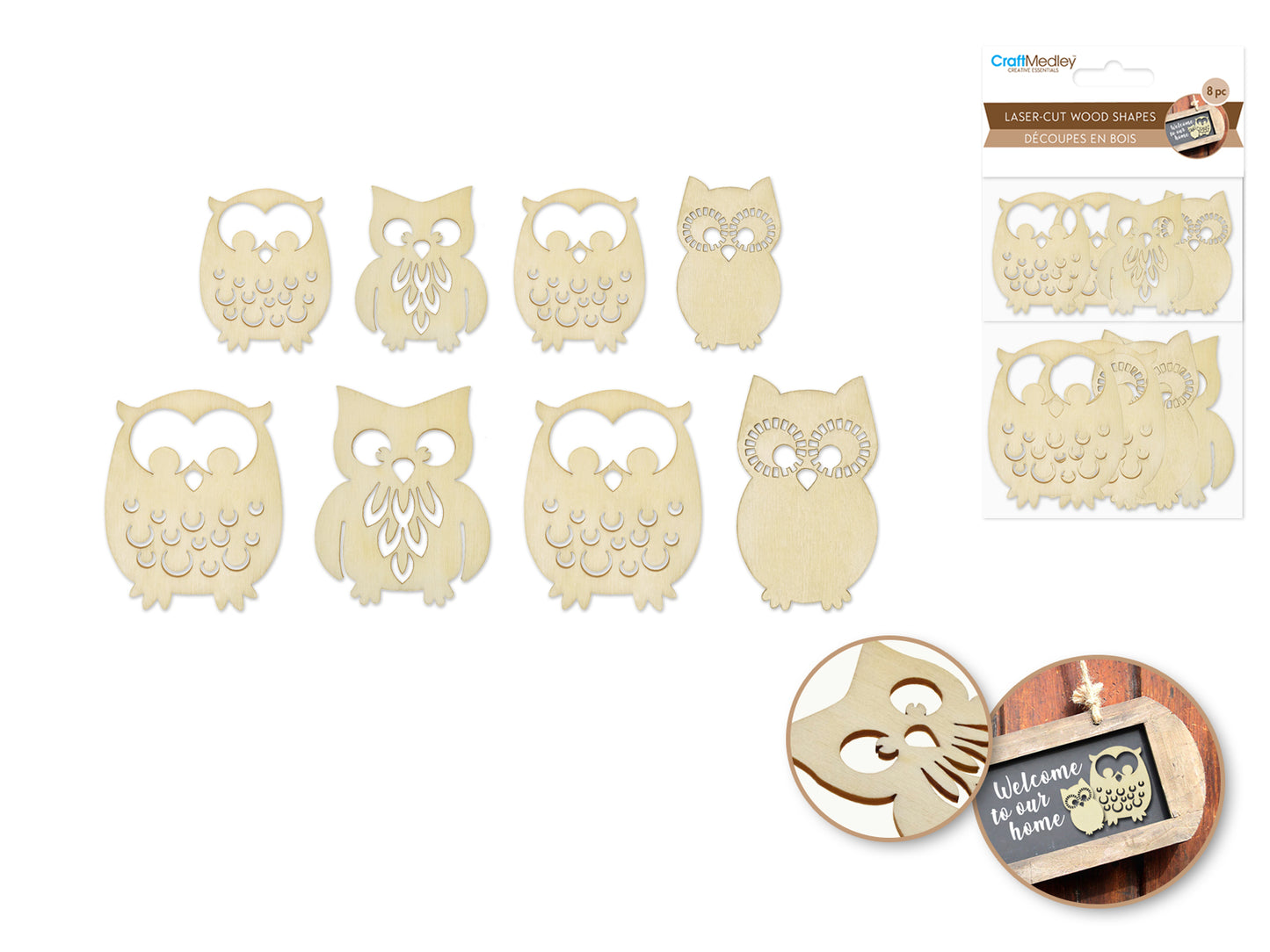 Wood Craft: Laser-Cut Wood Shapes x8 A) Owls