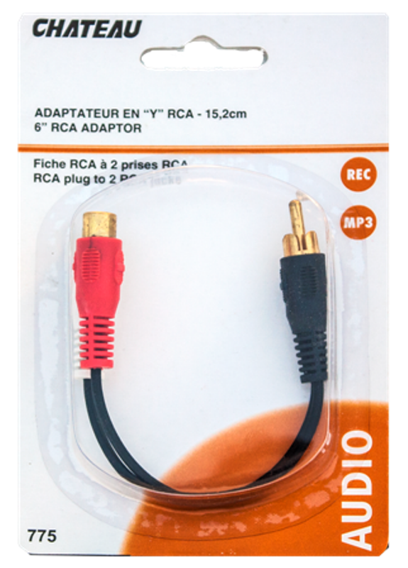 RCA "Y" ADAPTOR: RCA PLUG TO 2 RCA JACKS - 6"