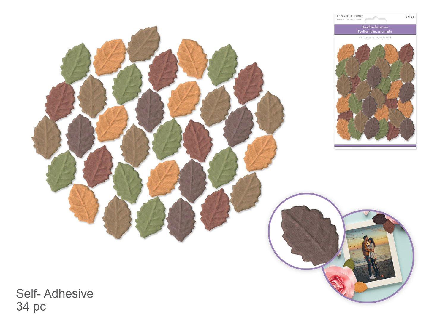 Floral Embellish: 1.5"x1" Leaves Self-Stick Embossed Handmade Paper 34pc B) Autumn Blend