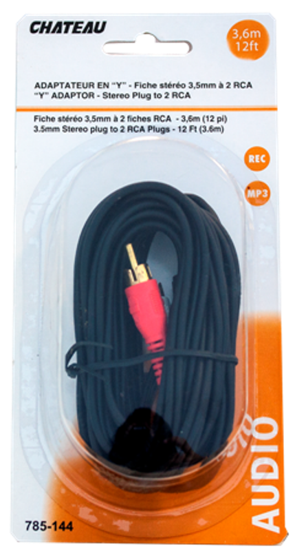 "Y" ADAPTOR: STEREO PLUG (3.5mm) TO 2 RCA PLUGS - 12ft