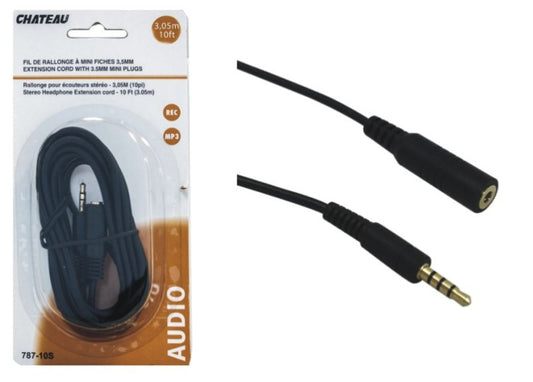 HEADPHONE EXTENSION CORD WITH 3.5mm MINI PLUGS: 10ft