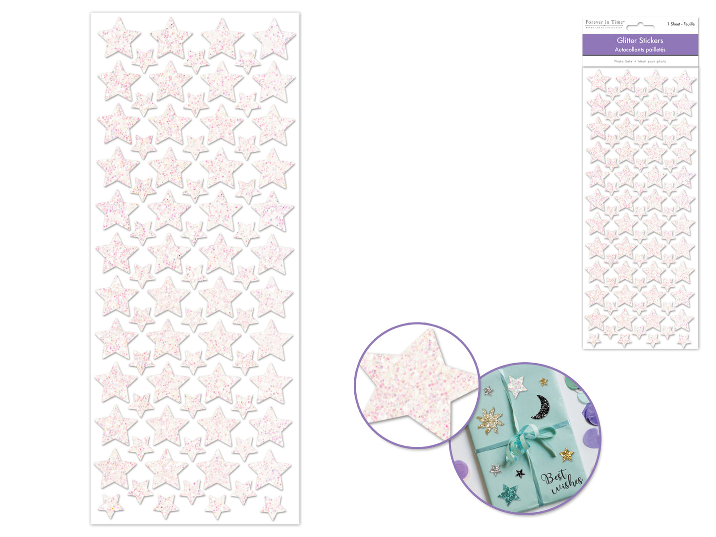 Paper Craft Sticker: 12.5cmx30.5cm Glitter Shapes G) White Stars