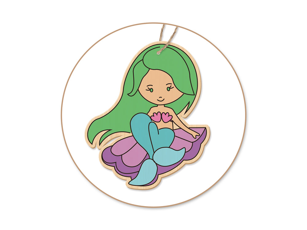 Wood Craft: Wood Ornaments x2 Asst Printed w/Jute Cord Hanger A) Mermaid