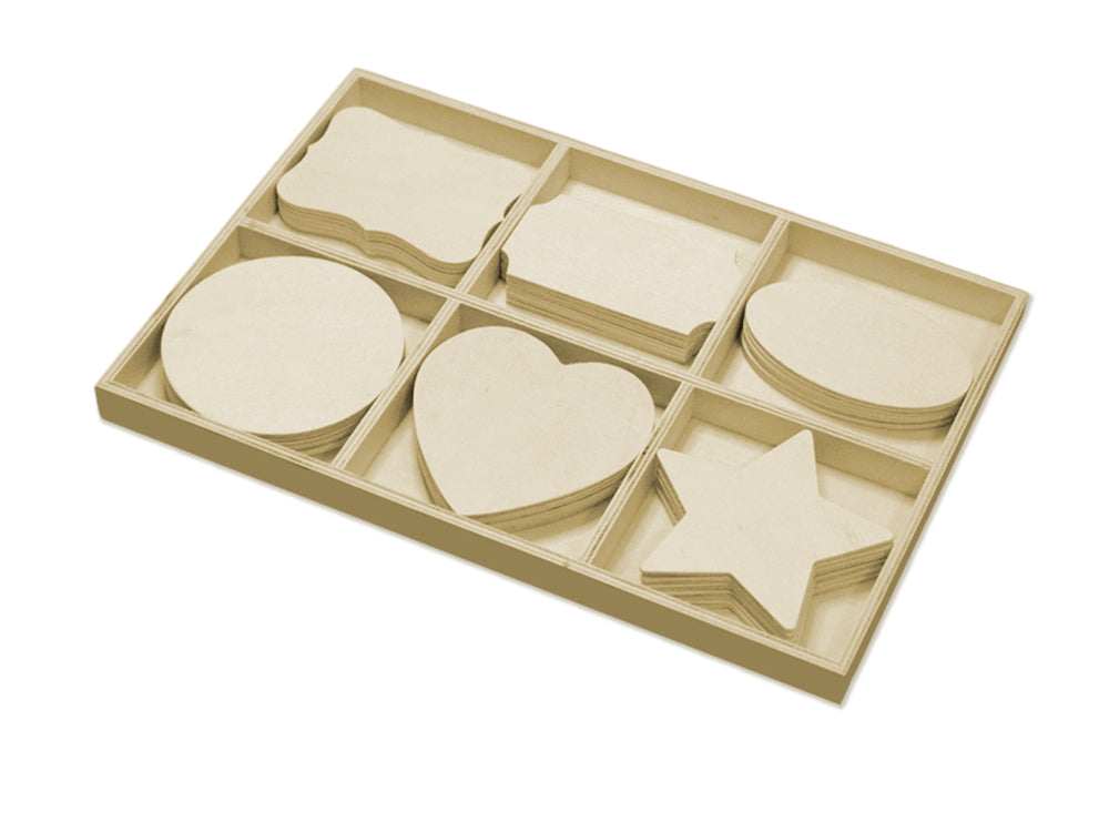 Wood Craft: 8cm Wood Shapes x36 in Display Box (6eax6stl) D) Geo Shapes