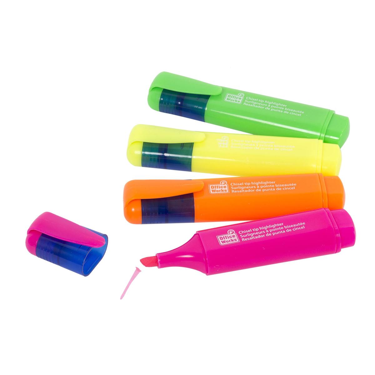 O.WKs. 4pcs Chizel Tip Highlighters Yellow,Green, Pink, Orange