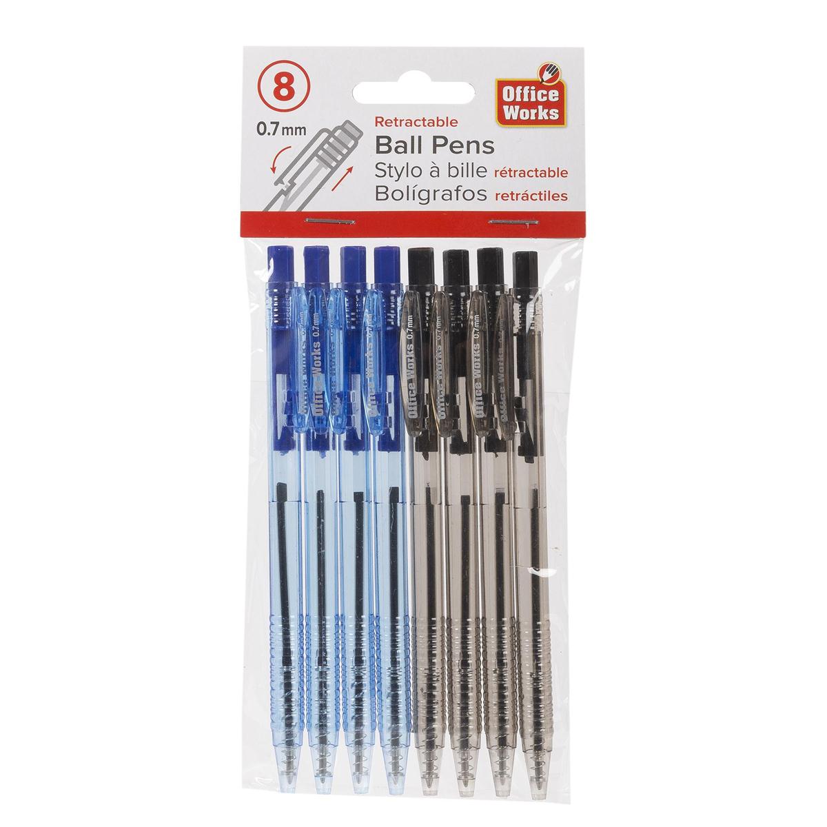 O.WKs. Retractable Ball Pen, 8-pc.,Blue & Black, pbh