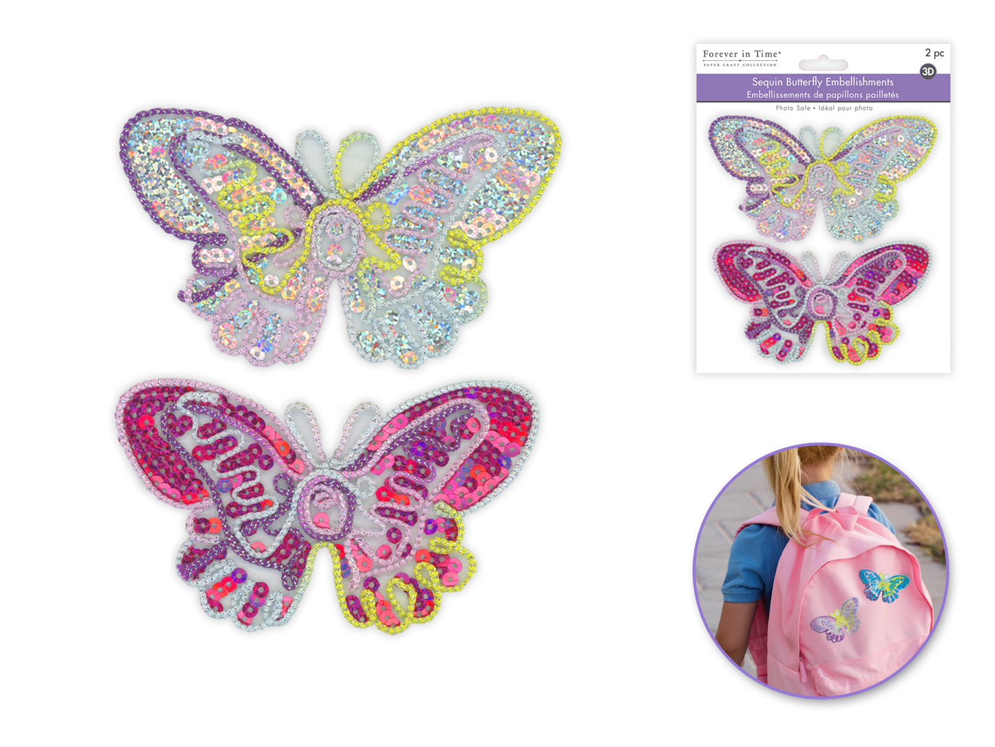 Paper Craft Emb: 5"x3" Sequin Butterflies 2pc Assorted A) Pastel