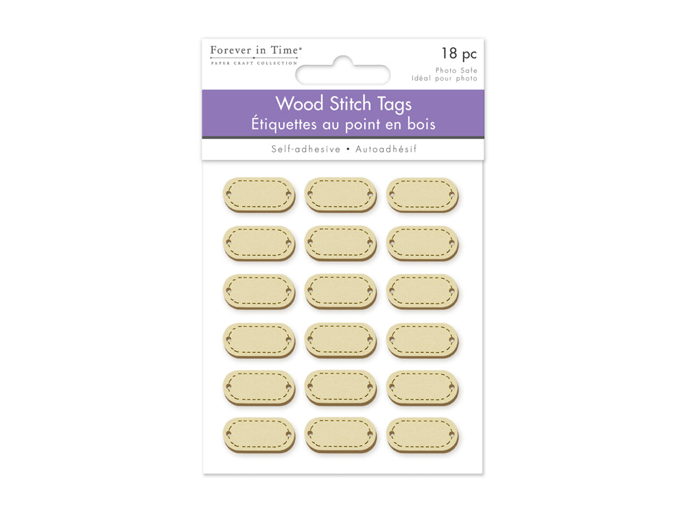 Paper Craft Sticker: 0.9"x0.4" 3D Wood Stitch Tags 18pc B) Natural