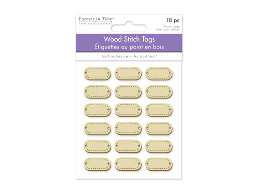 Paper Craft Sticker: 0.9"x0.4" 3D Wood Stitch Tags 18pc B) Natural