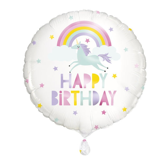 Rainbow & Unicorn Happy Birthday Round Foil Balloon 18"  Package