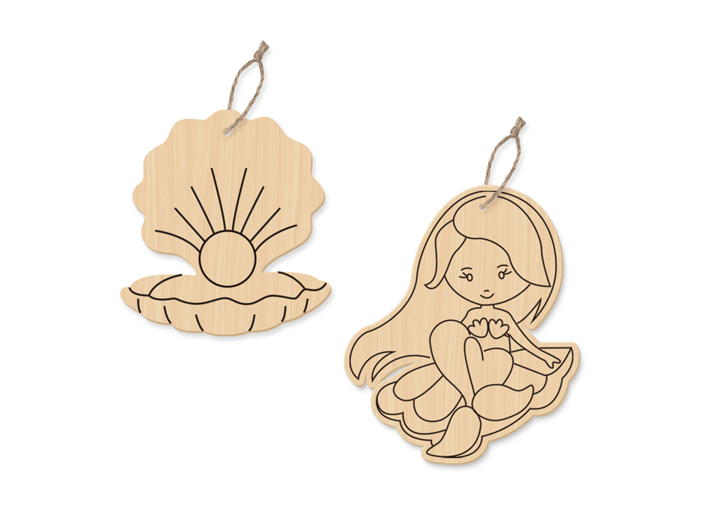 Wood Craft: Wood Ornaments x2 Asst Printed w/Jute Cord Hanger A) Mermaid