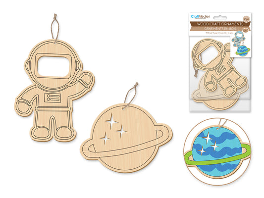 Wood Craft: Wood Ornaments x2 Asst Printed w/Jute Cord Hanger B) Outer Space