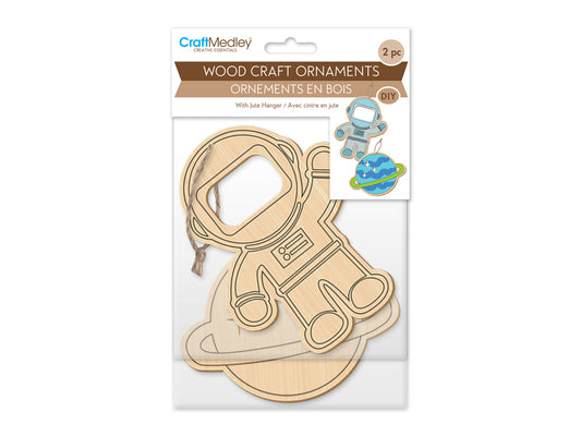 Wood Craft: Wood Ornaments x2 Asst Printed w/Jute Cord Hanger B) Outer Space