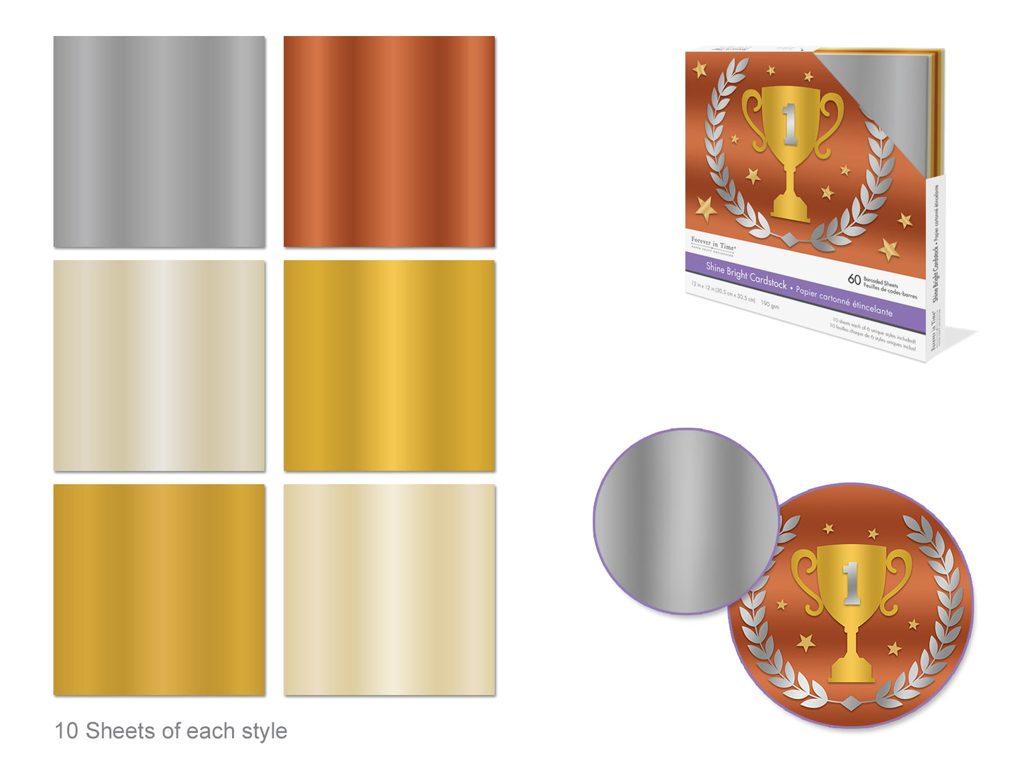 Scrapbook Paper: 12"x12" Shine Bright! Cardstock 190gsm Assorted 6 Colors, 60 Sheets A) Reflections