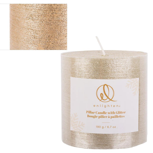 Enlighten 2.95"x2.95" Metallic Gold Pillar Candle w/Glitter, label
